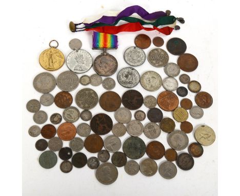 A pair of First World War medals to 34560 Pte W Seawood, Duke of Cornwall's Light Infantry, and various British coins 