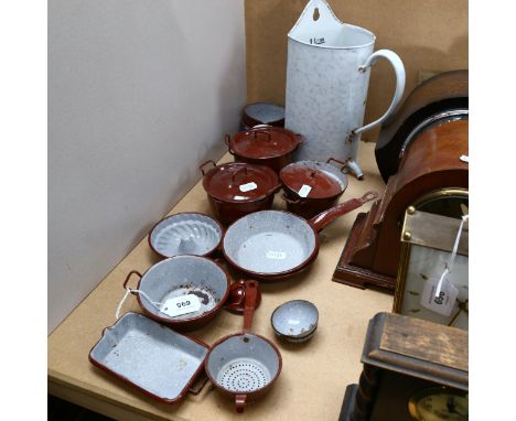 A group of Vintage enamel kitchenalia, including tea strainer, jelly mould, miniature frying pan etc 
