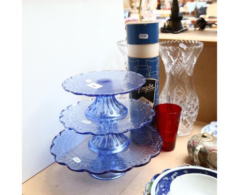 A pair of cut-crystal vases, 30cm, a set of Rio tumblers, and a graduated set of 3 moulded blue glass cake stands 