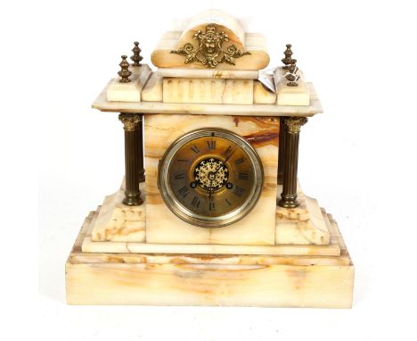 A large early 20th century veined alabaster architectural 8-day mantel clock, case width 34cm, height 33cm 