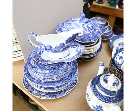 Spode Italian pattern vegetable tureen, sauce boat and plates, and other blue and white china 