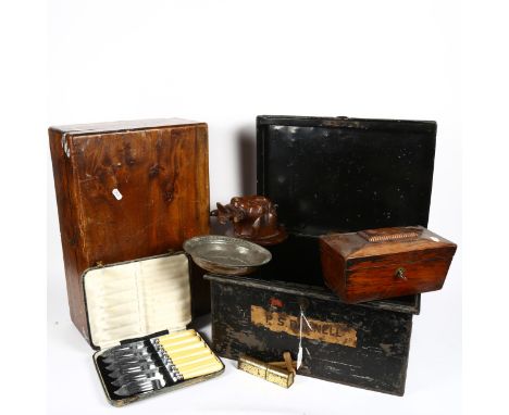 A tin Deed box, a wall ornament, a tea caddy, a Victorian box, 47cm across etc 