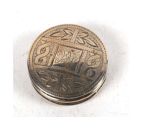 A George III circular silver vinaigrette case, bright-cut engraved decoration, by Cocks & Bettridge, hallmarks Birmingham 181