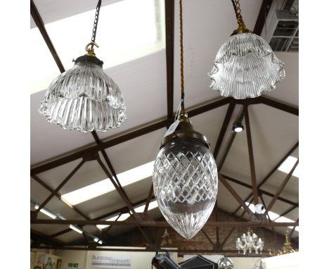 Vintage cut-glass and brass pendant light fitting, 2 hanging moulded glass light shades with shaped edges, largest 17cm acros