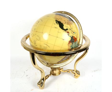 A brass-framed hardstone globe, with compass inset base, overall height 46cm 
