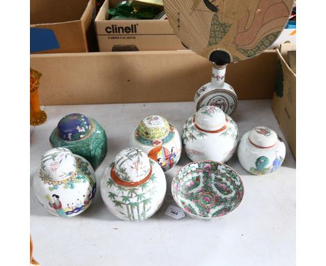 Various ginger jars, moon flask, height 20cm, with armorial, signed, and a fan 