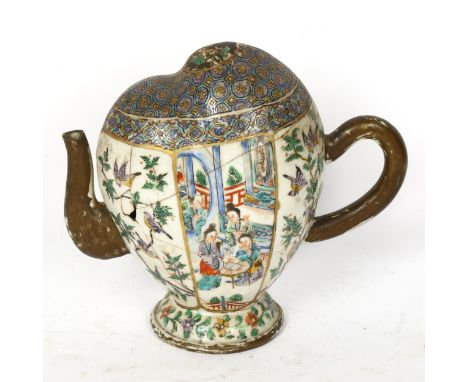 A Chinese famille verte porcelain 'cadogan' peach wine pot, hand painted and enamel decoration, height 16cm (A/F)Large impact