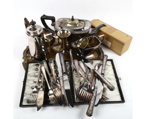 A silver plated tea set, salver, cutlery etc 