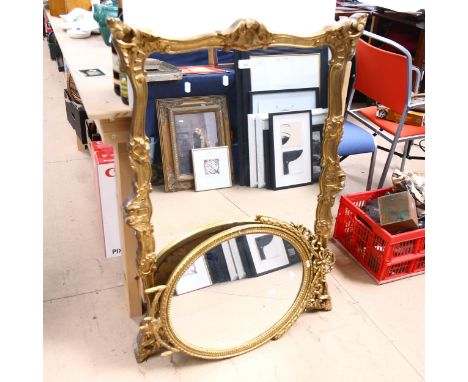 A Vintage Marcel Korn mirror in embossed gilt frame, height 106cm, and a smaller oval mirror (A/F) 