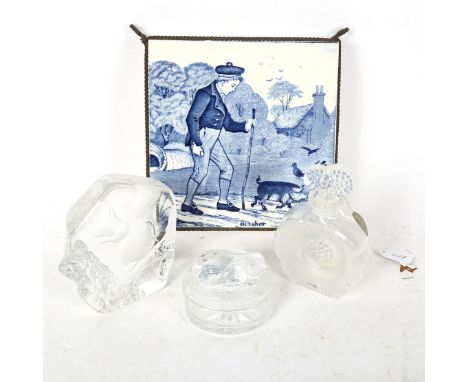 Various glass and ceramics, including blue and white transfer tile teapot stand, red squirrel ornament, perfume bottle etc (4