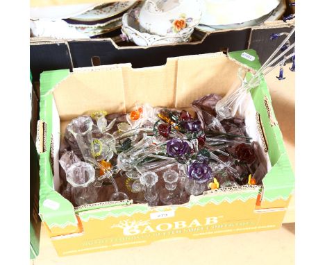 Hand blown Murano glass flowers, and 5 glass decanters 