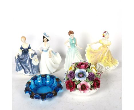 4 Royal Doulton figures, an Aynsley floral arrangement, and a glass dish 