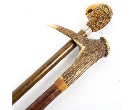 2 Vintage walking sticks, including staghorn-handled example with compass, length 90cm (2) 