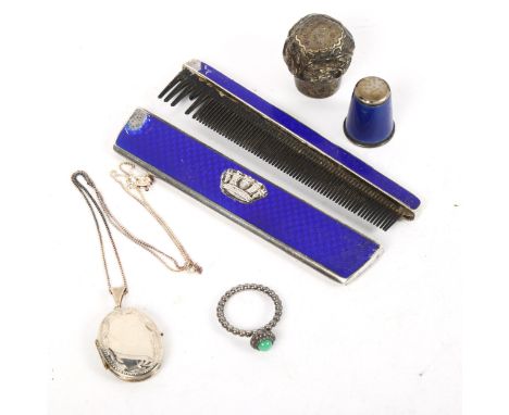 A silver stone set dress ring, a blue enamel cased comb, a blue enamel thimble etc 