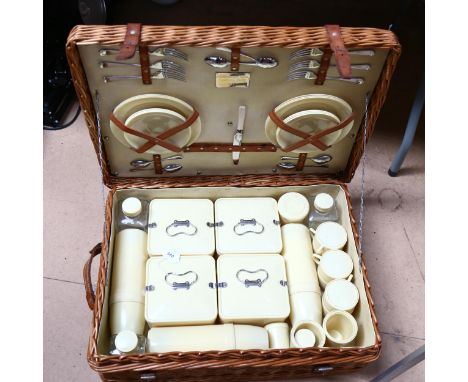 Vintage wicker picnic hamper, complete with fittings, with plaque inscribed Wildernesse Club Captain's Prize 1957 