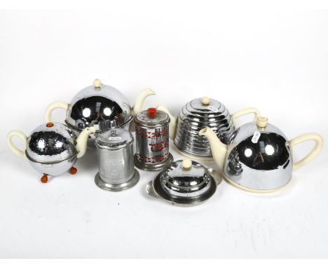 A group of Vintage heat saver teaware, and 2 chrome tea caddies 