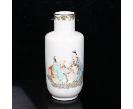 A small Chinese famille rose porcelain 'scholar' vase, hand painted and enamel decoration, height 14cmTop rim has a 3cm hairl