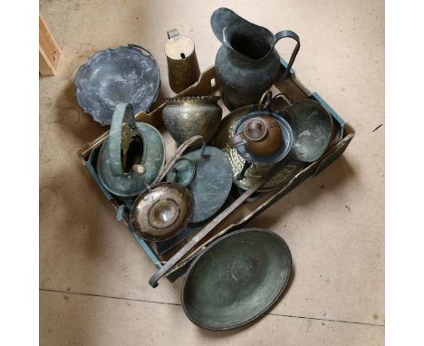 A box of metalware, including jugs, kettle, chamber stick etc 