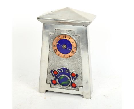 A modern Liberty Art & Crafts style aluminium and enamel quartz mantel clock, height 23cm 