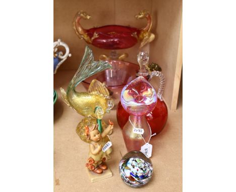 Murano glass table centre dishes, fish, cranberry glass scent flask, Hummel figure etc 