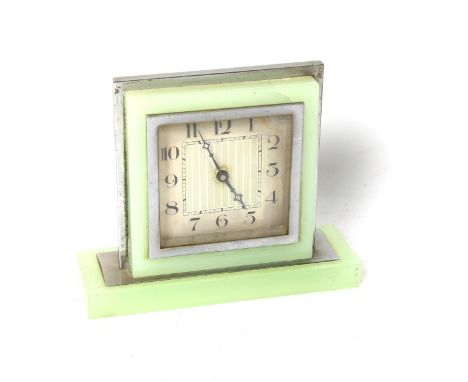 A small Art Deco jadeite and chrome mantel clock, height 12cm 