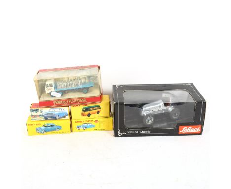 4 boxed Dinky toys - Peugeot and Opel, a Models of Yesteryear milk trailer, and a Schuco car 