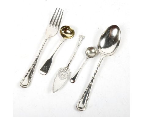 A matching silver fork and spoon, a silver mustard spoon with gilded bowl, and 2 others (5), 3oz 