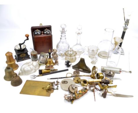 A mixed lot of varied metalware to include bells including example modelled as a light house and wooden cased buzzer system, 