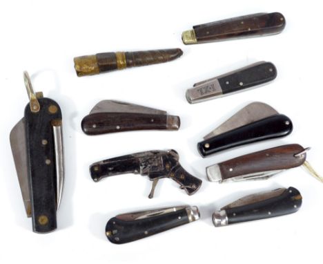 Ten various folding knives/multi-tools, including IXL, Joseph Rodgers, Abram Brooksbank, also a novelty spring knife modelled