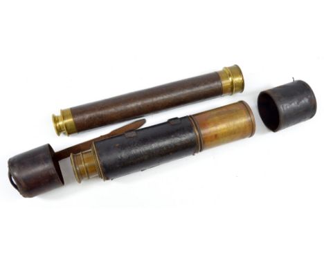An unnamed 1.5" brass single-draw telescope, with stitched leather barrel, length 32cm, and a further unnamed brass four-draw