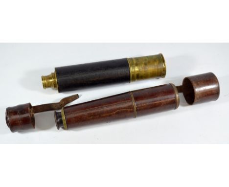 An unnamed 1.25" brass three-draw telescope with stitched leather barrel, length 30cm and a further brass three-draw telescop