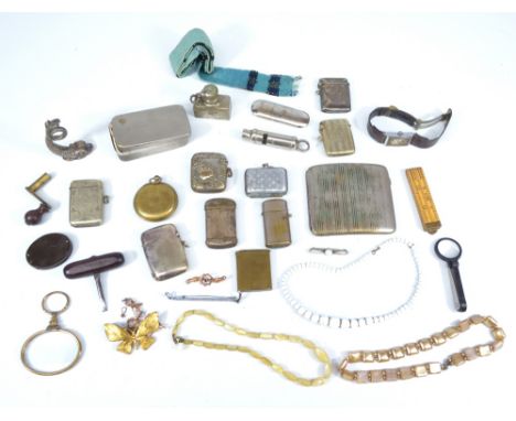 A mixed lot of collectors' items including base metal vestas, cigarette case and boxes, also a pocket watch and further costu