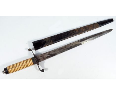 A late 19th century dagger with copper bound bone grip, shaped guard and tapering blade in associated scabbard, length of bla