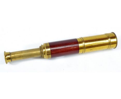 R SMITH OF YORK & SCARBORO'; a brass three-draw telescope with half mahogany and half brass barrel, length 21.5cm.