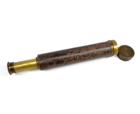 A 1.5" brass three-draw telescope indistinctly signed and with leather barrel, length 26cm. CONDITION REPORT: Image very blur