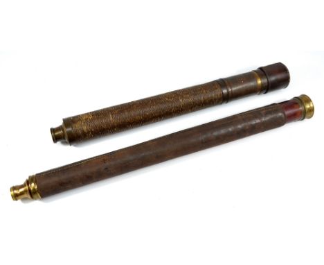 An unnamed 1.5" brass single-draw telescope with stitched leather barrel, length 67.5cm and a further unnamed single-draw tel