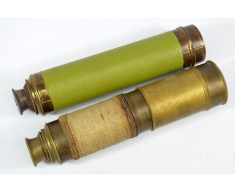 An unnamed 1.75" brass three-draw telescope (af), and a further unnamed brass four-draw telescope with replaced barrel, both 