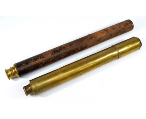 An unnamed 1.75" brass single-draw telescope with distressed leather barrel, length 58cm and a further unnamed brass single-d