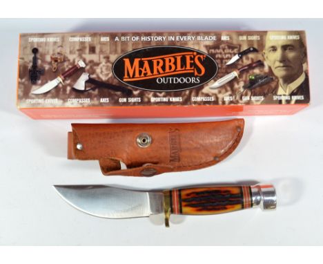 MARBLES; a hunting knife with antler grip, inscribed shaped blade, leather scabbard and original box, length 22cm. CONDITION 