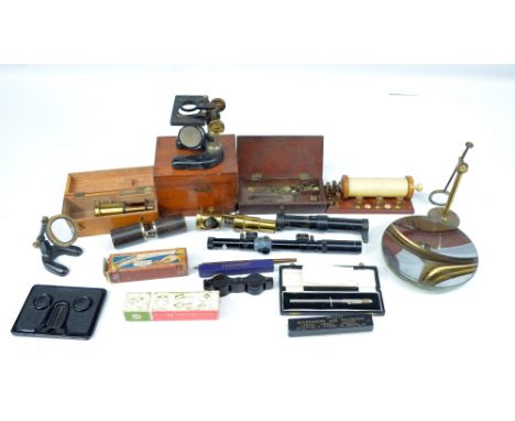 A group of travelling/pocket size scientific instruments including microscopes and magnifying instruments, also a Ross of Lon