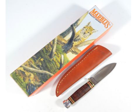 MARBLES; a boxed hunting knife, with blade inscribed 'RW Loveless, Approved WL Marble', complete with leather scabbard, lengt