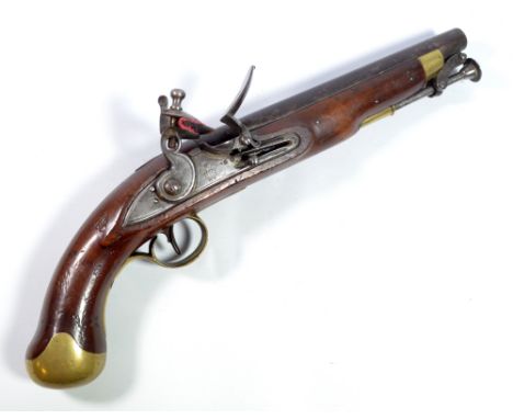 A good quality flintlock holster pistol, the lock inscribed 'WR' beneath crown cipher, steel holster clip, brass furniture an