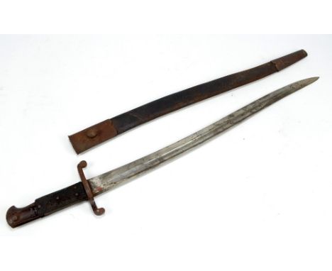 A 19th century Chassepot bayonet, the blade stamped 'Chevass', with textured grip, length of blade 58cm, with leather scabbar