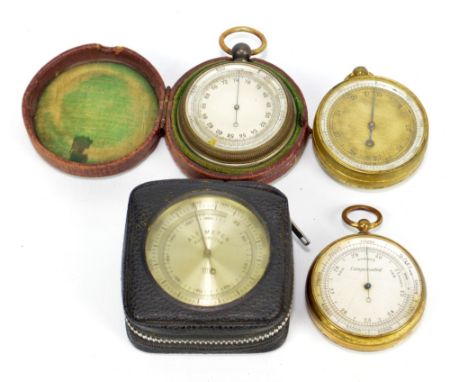 Three late 19th/early 20th century pocket barometers including a compensated example with silvered dial, dial diameter 4.5cm,