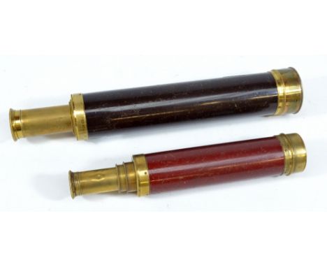 DOLLAND OF LONDON; a brass three-draw telescope with wooden barrel, length 24cm, and a further Dolland of London three-draw b