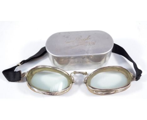 LUXOR GOGGLE NO 6; a rare pair of 1930s tin cased RAF flying goggles by R. Meyrowitz with nickel plated vented frames and adj