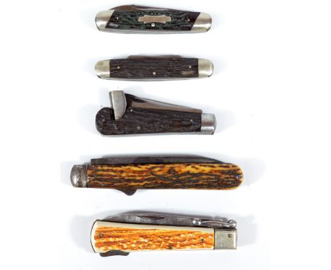 Five antler faced pocket knives/multi-tools, comprising three IXL examples, and lock-back folding knife examples (5). CONDITI