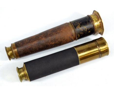 CHADBURN BROS OF SHEFFIELD; a 1.25" brass five-draw telescope with replaced leather barrel, length 22cm, and a further unname