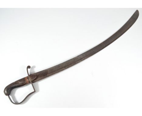 A 1796 pattern light cavalry sword, with wooden grip, shaped guard and curved blade, bearing traces of a stamp to the blade b