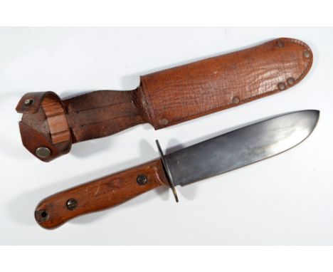 A military issued Bowie knife, with wooden grip and shaped blade, set with broad arrows and no.1278274, in leather scabbard, 